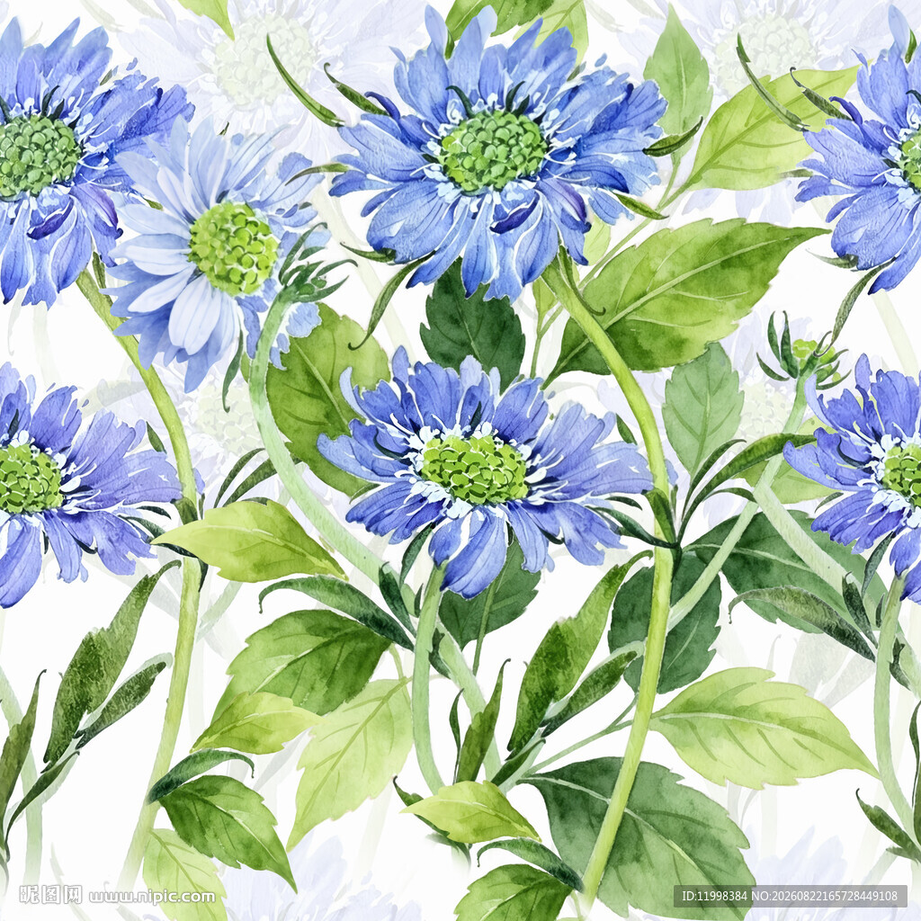 蓝花绿叶水彩绘花卉图