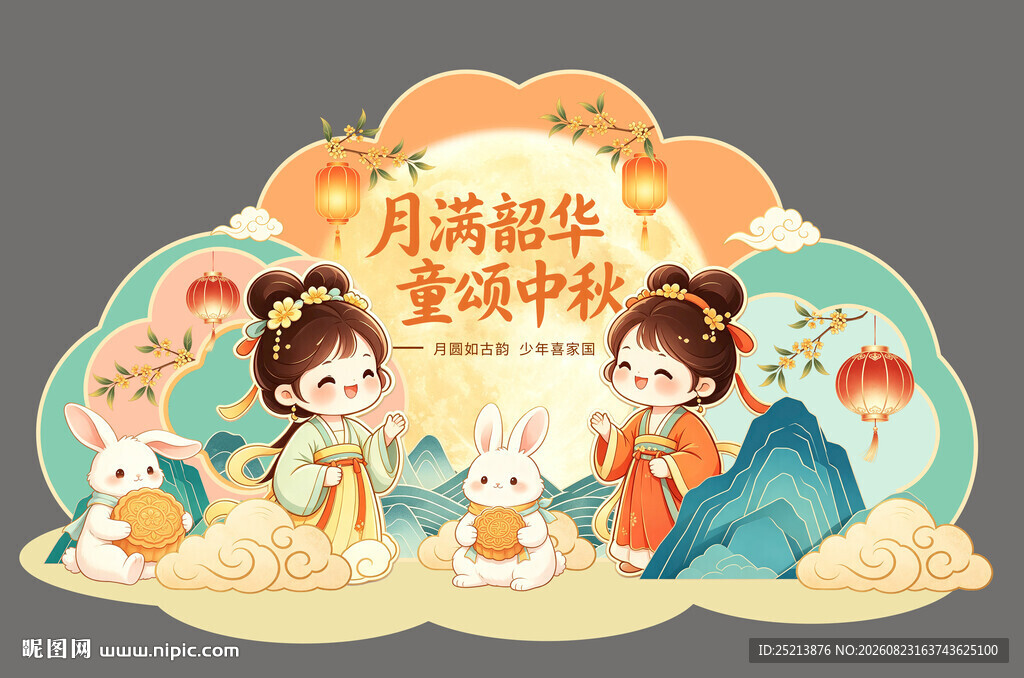 中秋佳节古风人物欢聚图