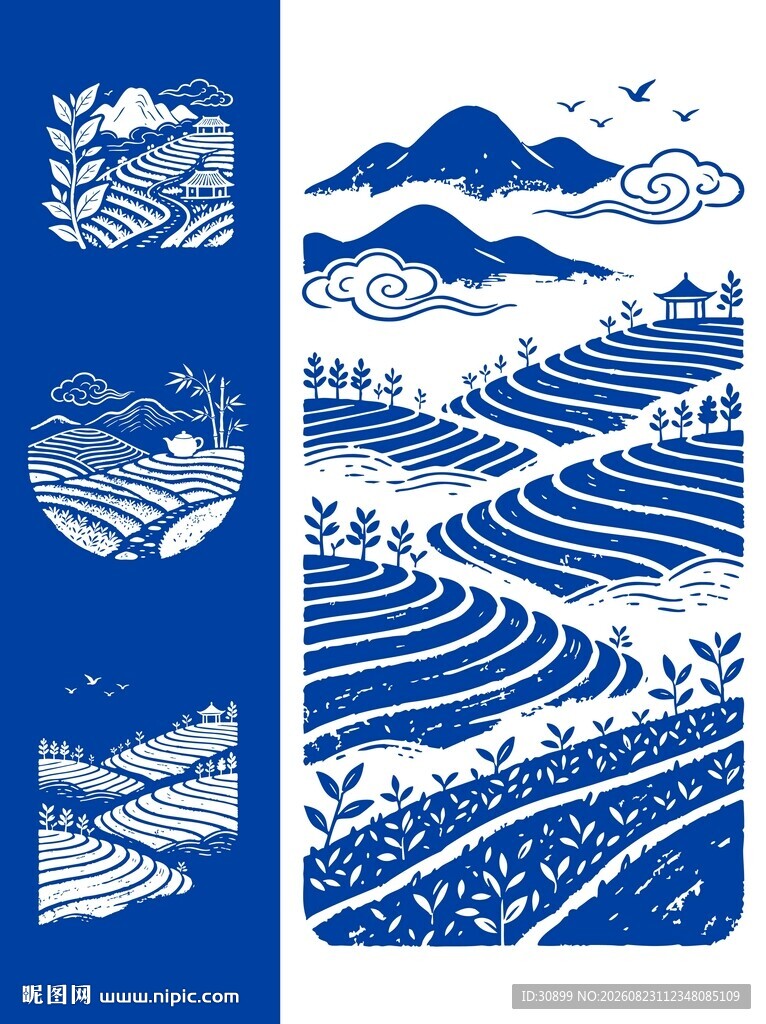 矢量茶园梯田山水风景禅意插画