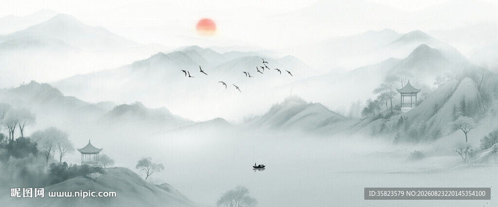 中式古风水墨山水意境图