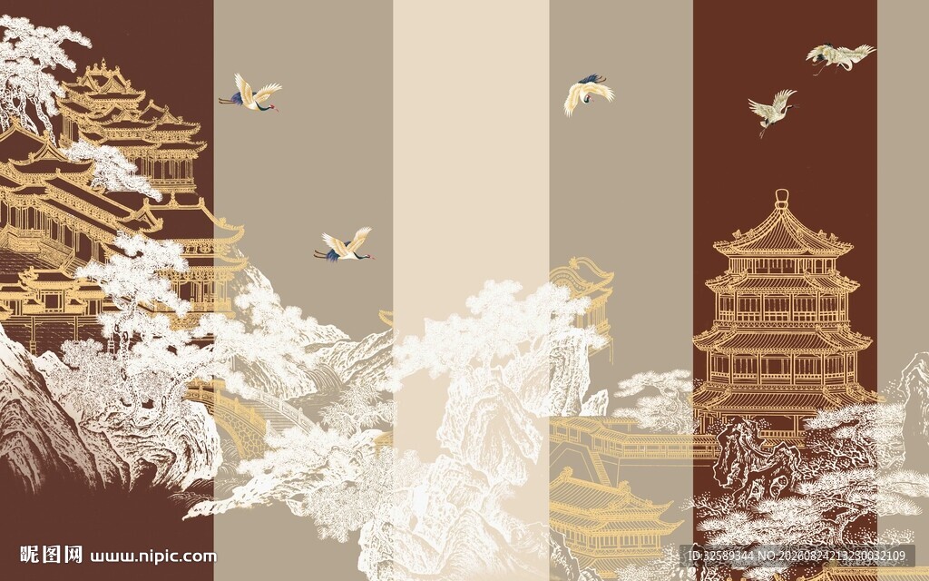 中式古风建筑与飞鸟图景