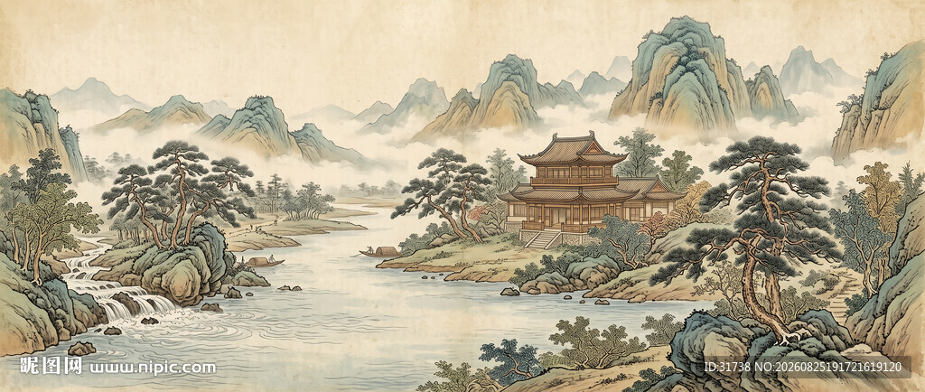 中式古风传统古画水墨山水意境图