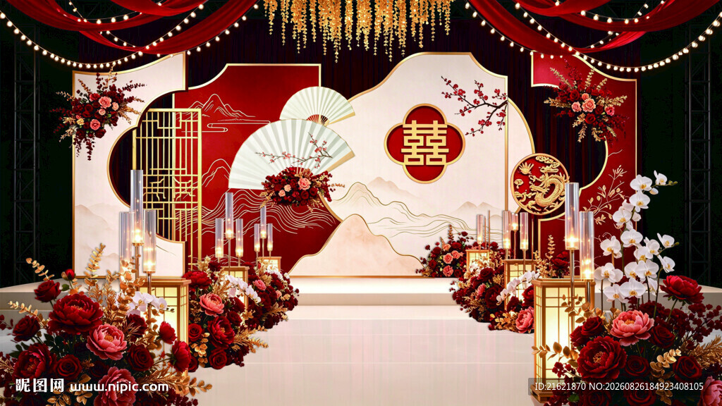 中国风香槟色大红组合婚庆布置