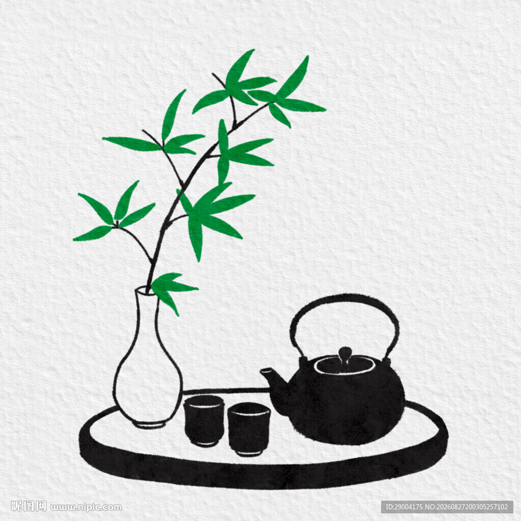 中式茶具与瓶插翠竹