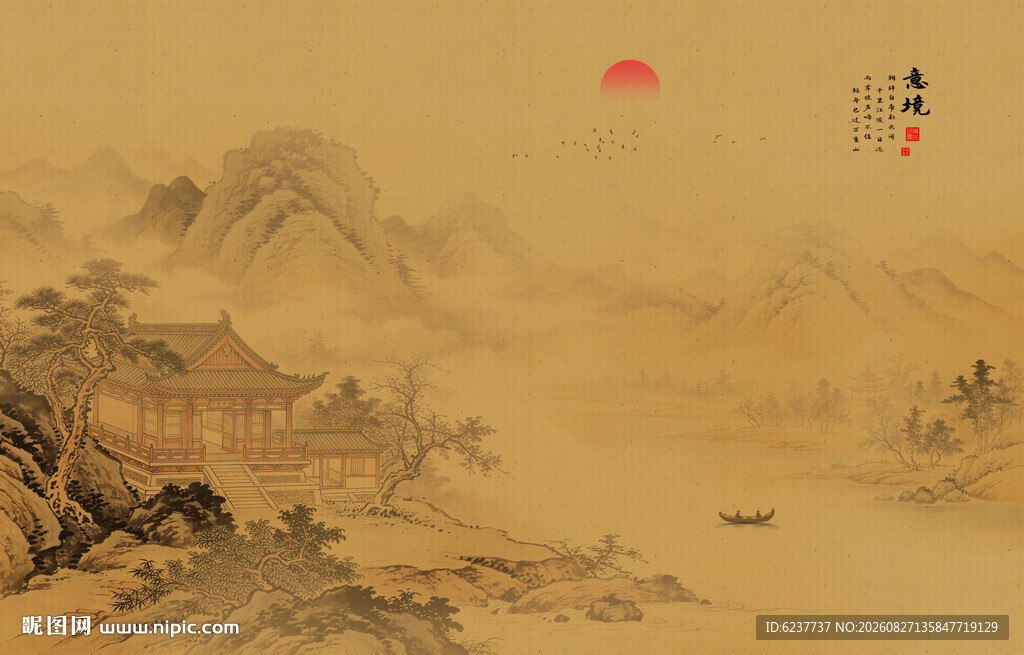 传统中式复古山水画阁楼背景墙