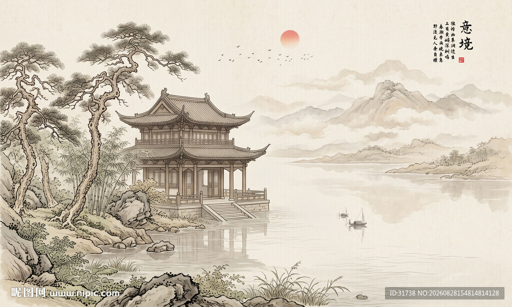 中式古风阁楼水墨山水画背景壁画