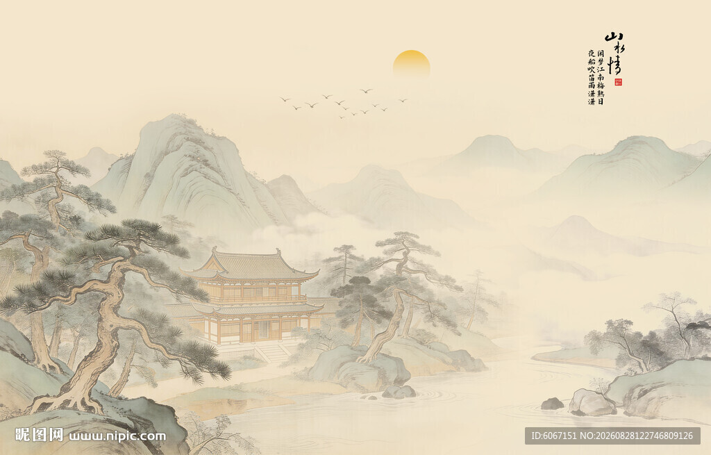 中式古风古典山水画背景