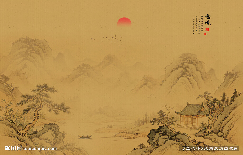 新中式禅意古风山水画背景墙