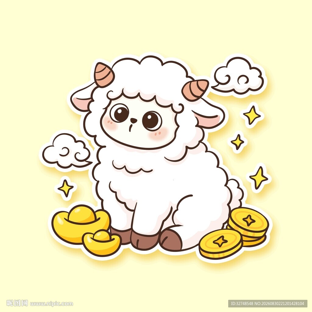 小羊与金币的可爱插画
