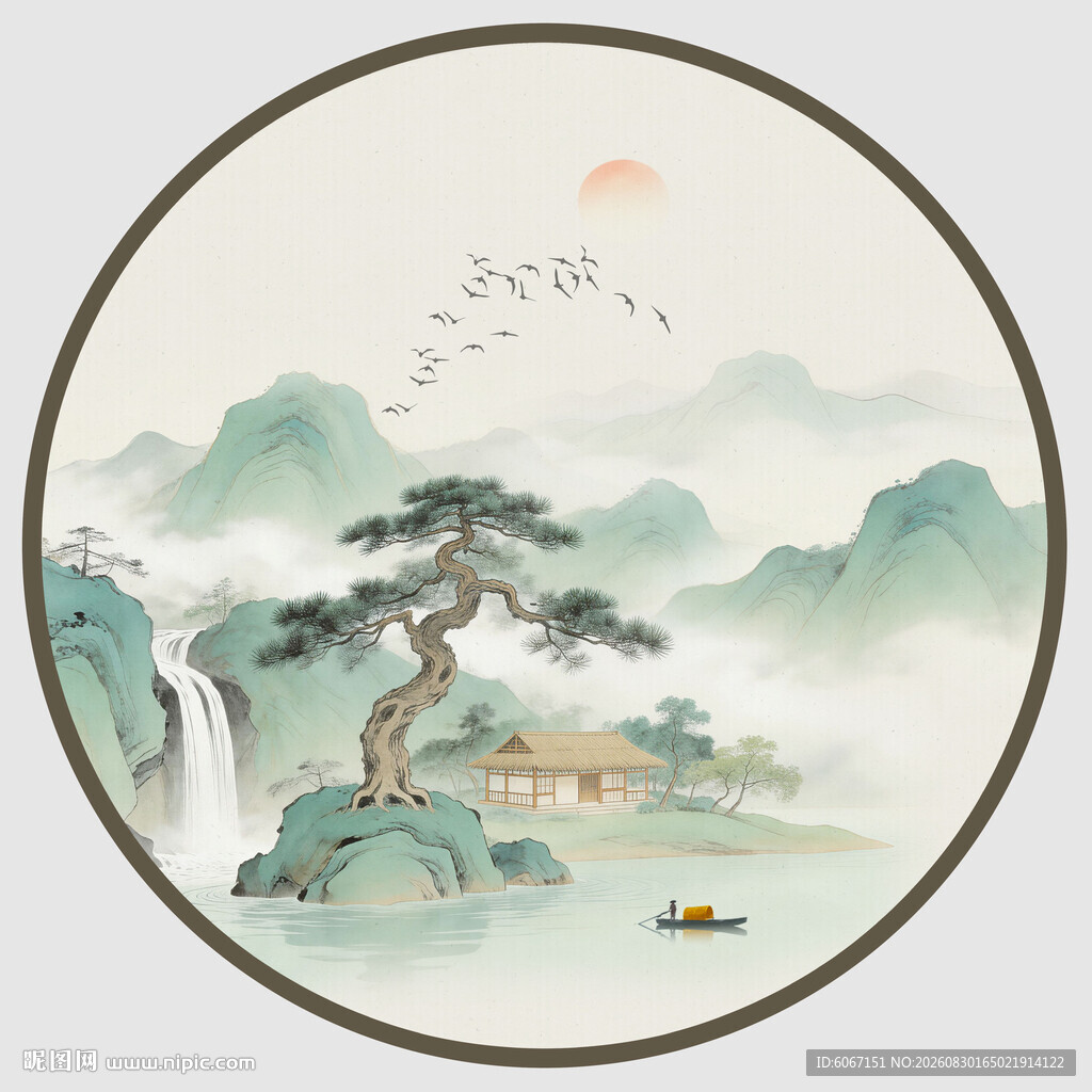 圆形水墨山水迎客松壁画