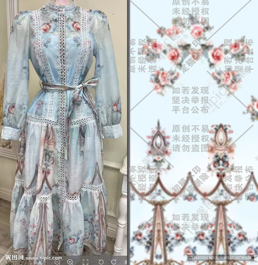 高清复古花卉图案连衣裙设计稿
