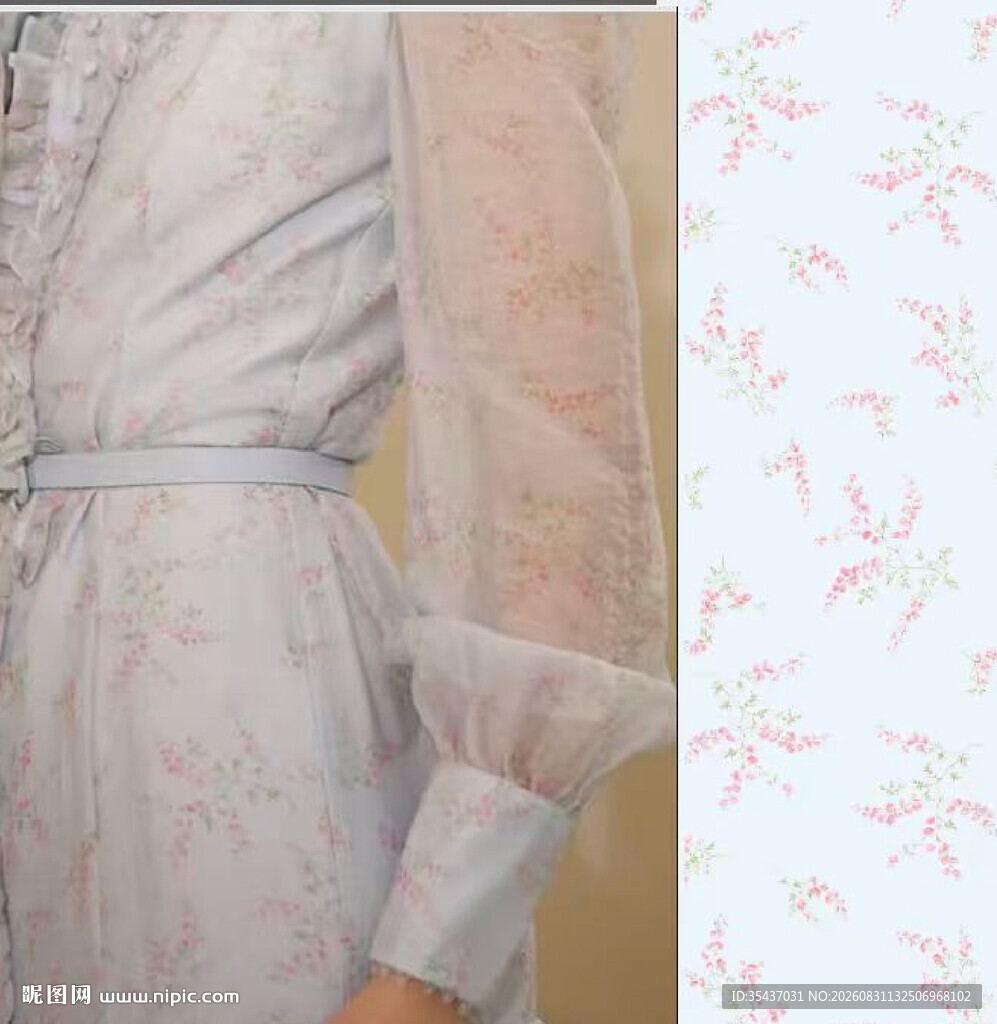 淡粉花纹衣袖细节展示