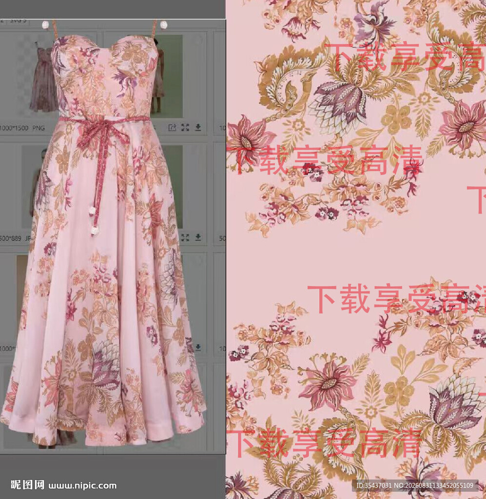 粉色花卉图案连衣裙设计图