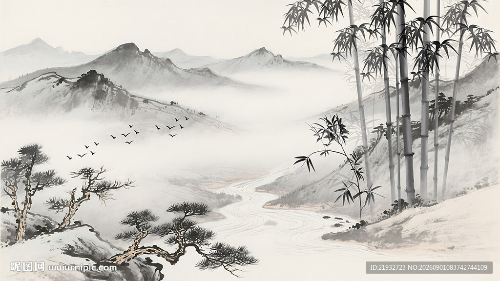 江南竹林小溪背景墙