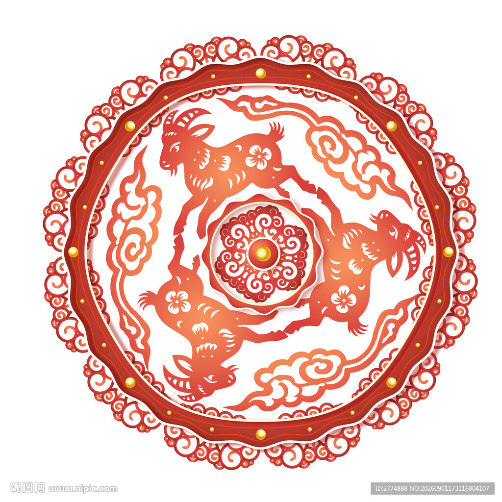 三羊开泰矢量圆形剪纸窗花图案