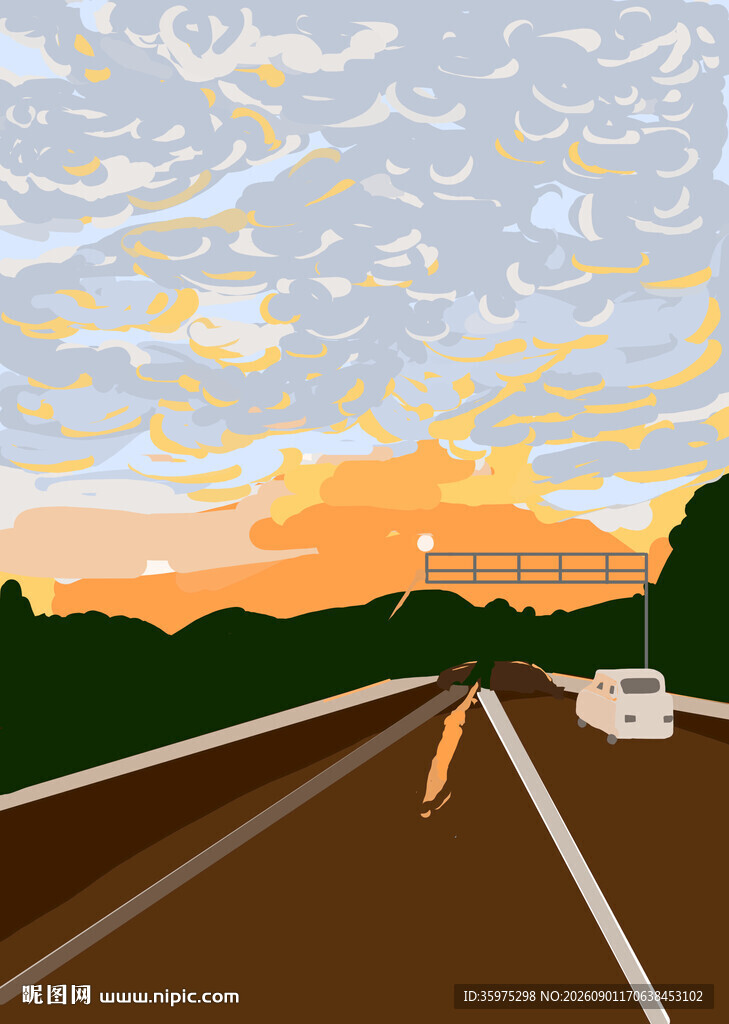 黄昏公路上的自驾之旅