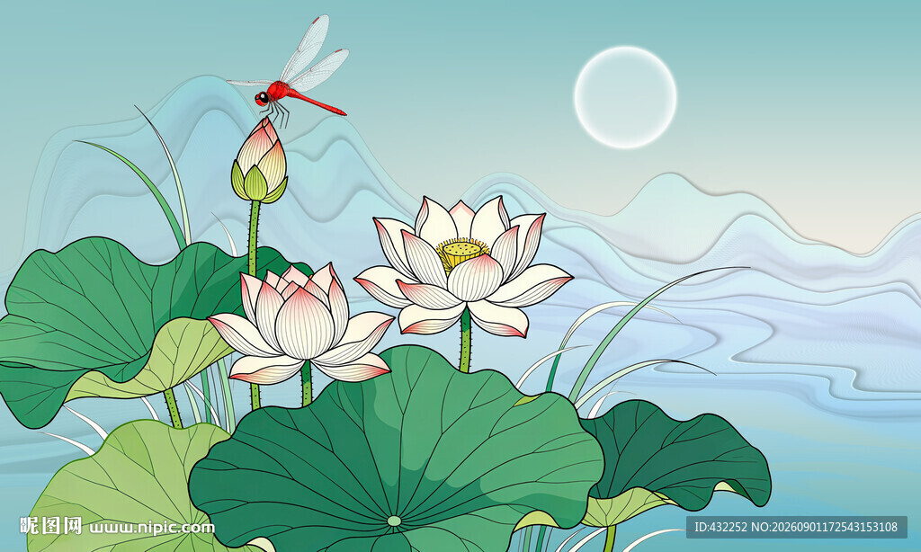 荷花国画荷花莲花蜻蜓
