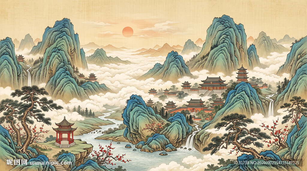 宋式青绿千里江山山水装饰画