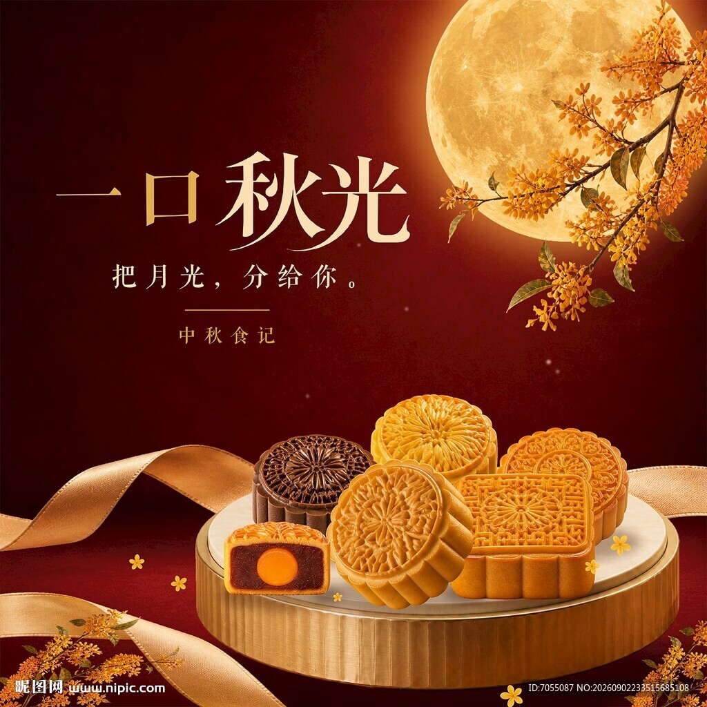 中秋月饼红金展台静物海报