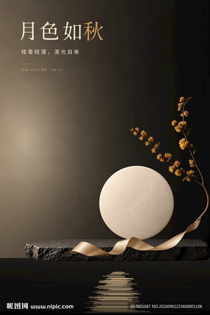 中秋极简月亮桂花缎带海报