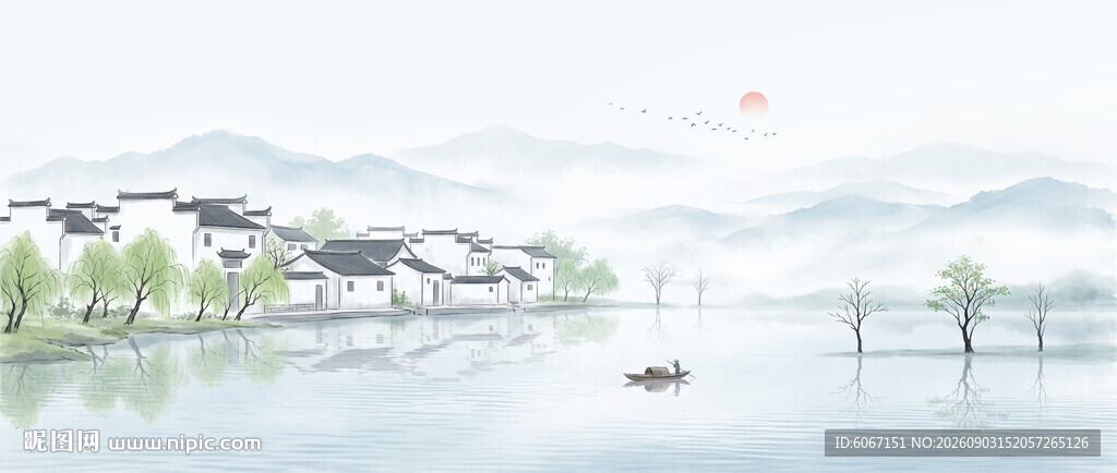 新中式山水情水墨江南背景墙壁画