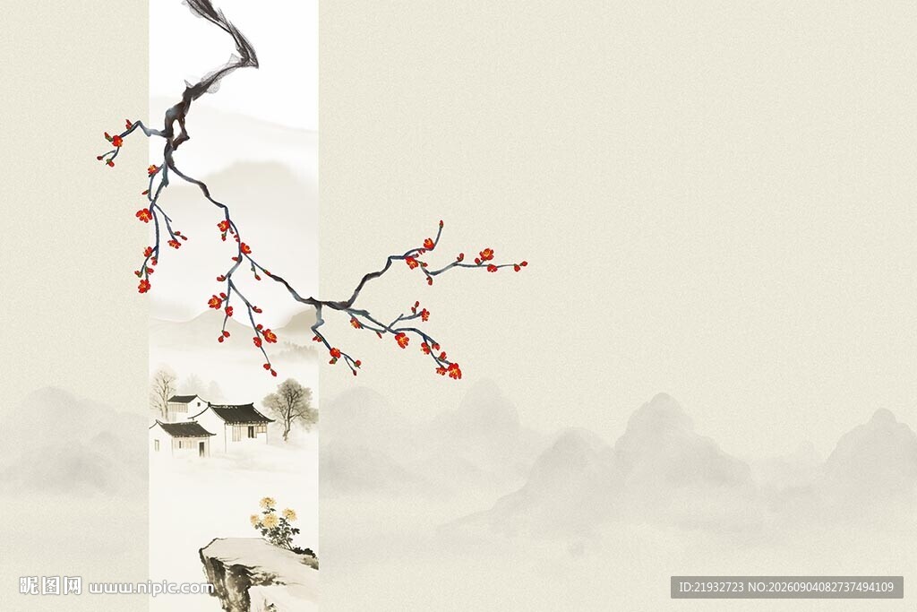 新中式工笔梅花背景墙