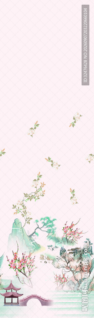 中式山水花鸟墙绘图案