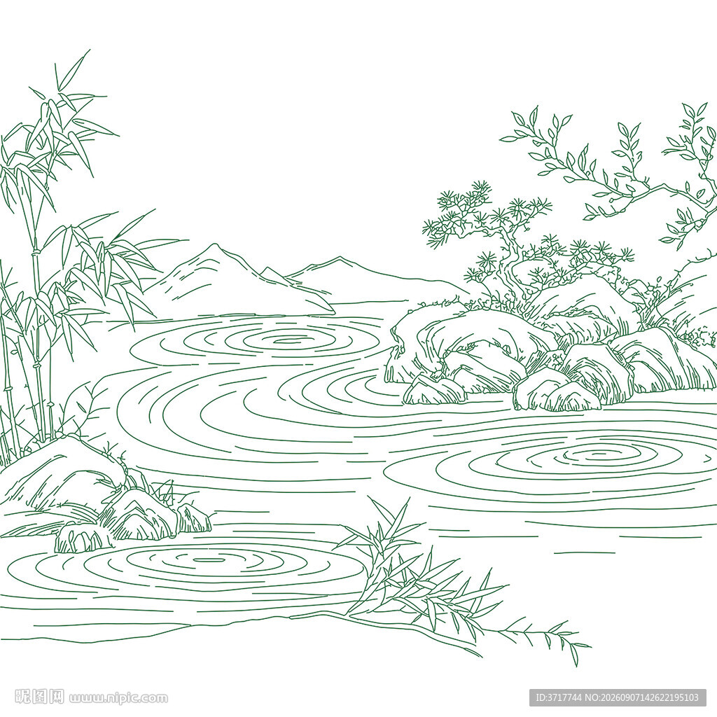 中国风山水线描风景封面纹理图