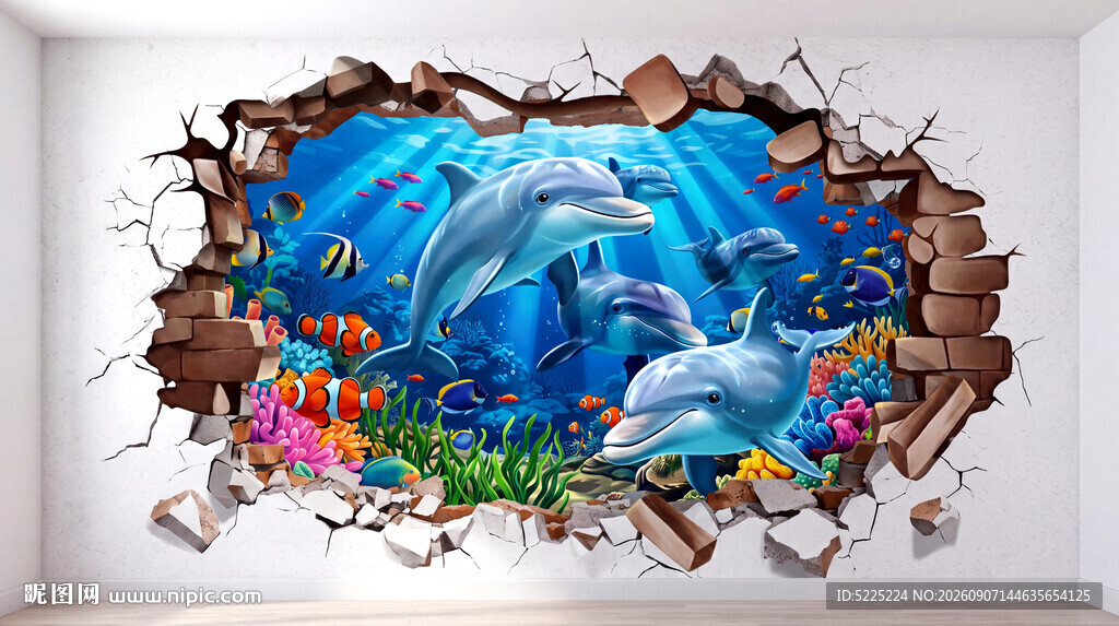 海豚立体墙画