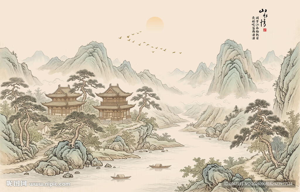 中式古风阁楼古典山水画背景