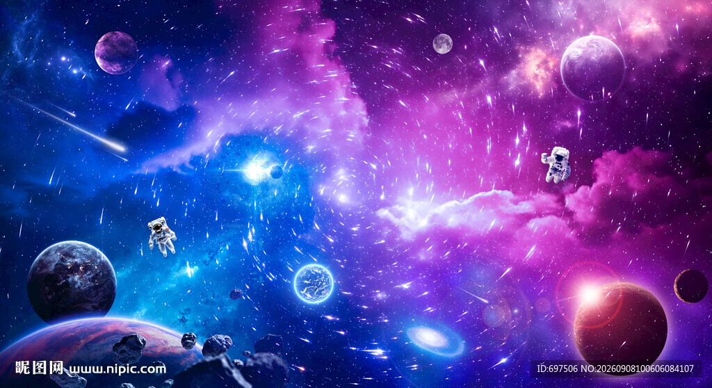 太空星球宇航员璀璨漩涡流星背景