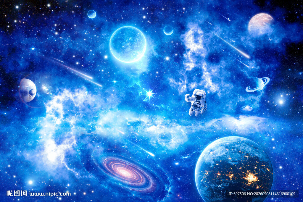 蓝色宇宙星空太空宇航员星球背景