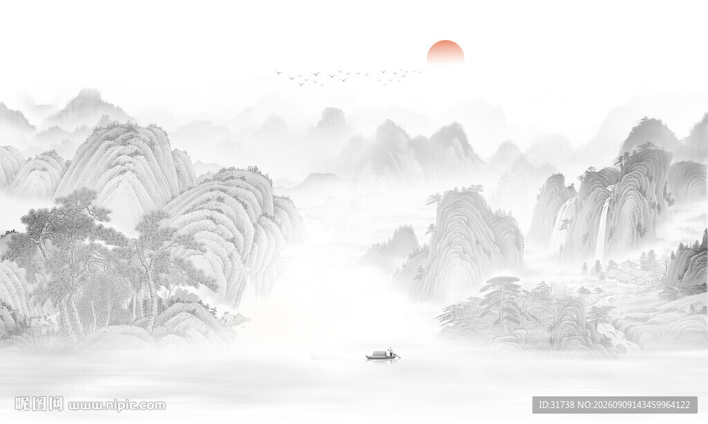 新中式山水情水墨画