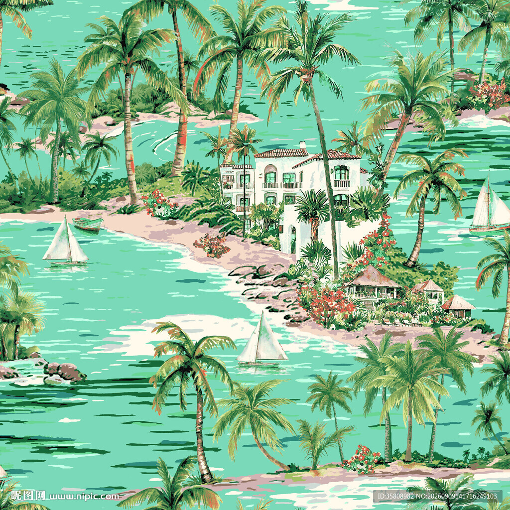 热带海岛度假风光插画