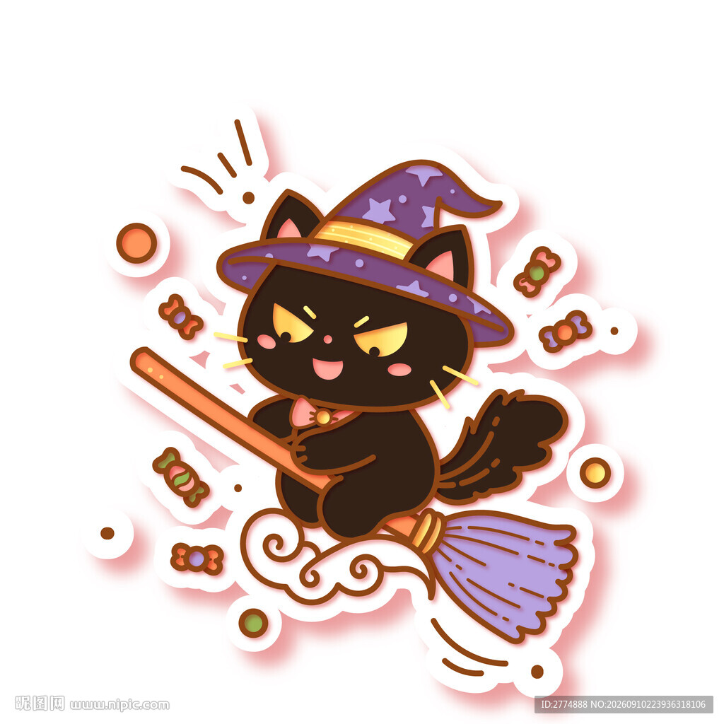 万圣节巫师帽黑猫骑扫帚卡通贴纸