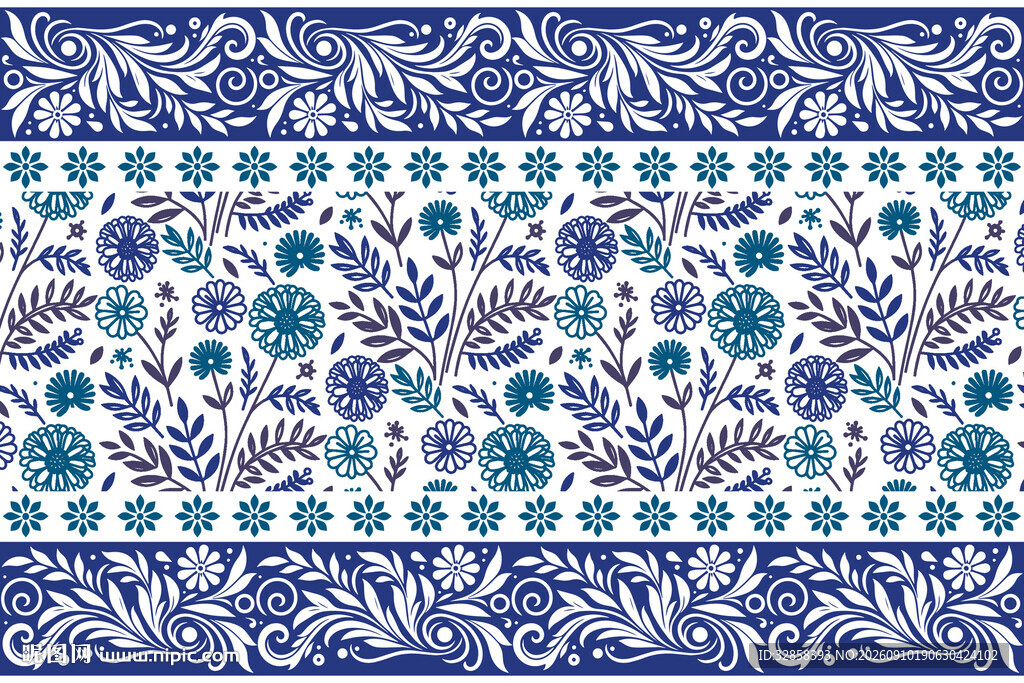 蓝白花卉图案精美装饰画