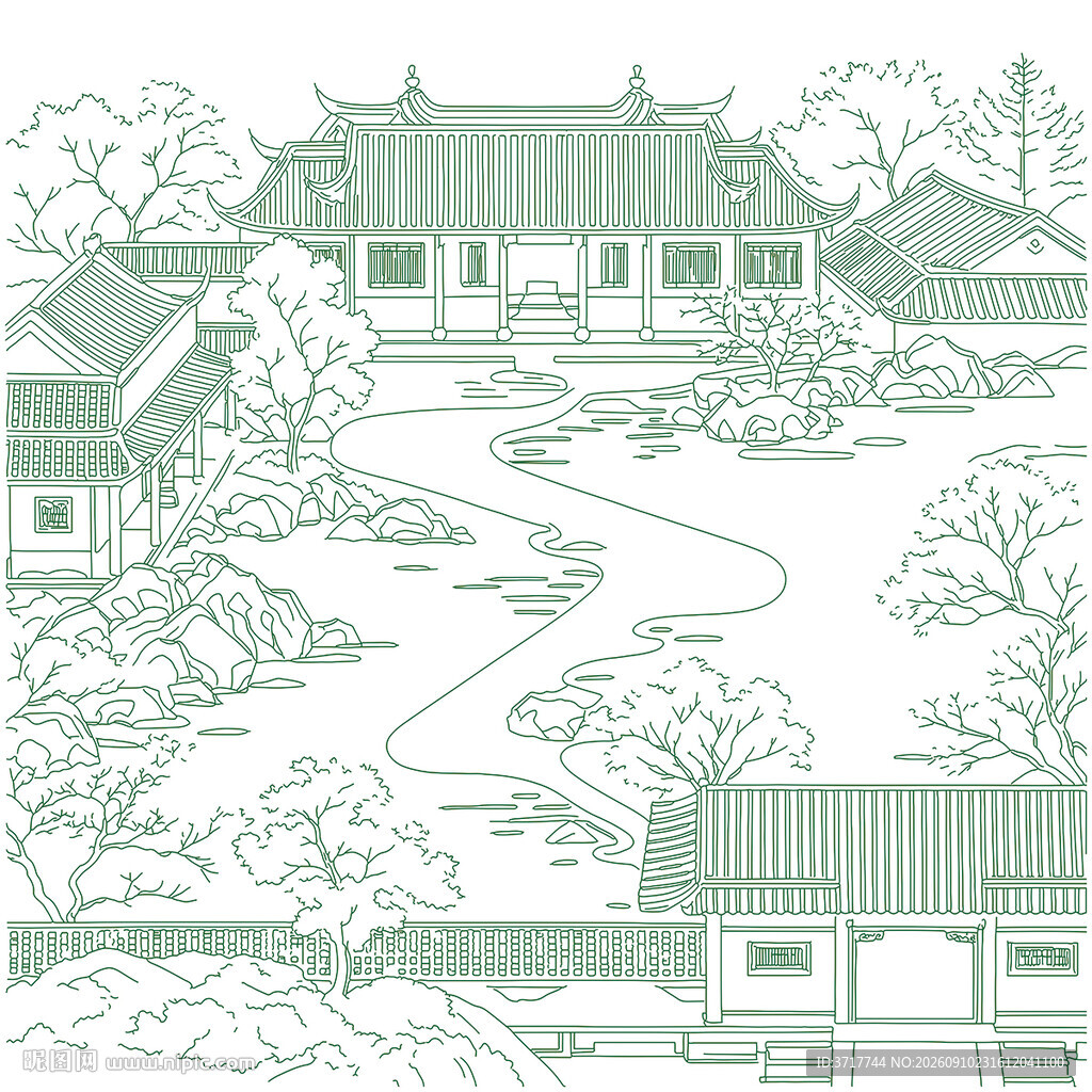 中式园林景观线描图线稿矢量图