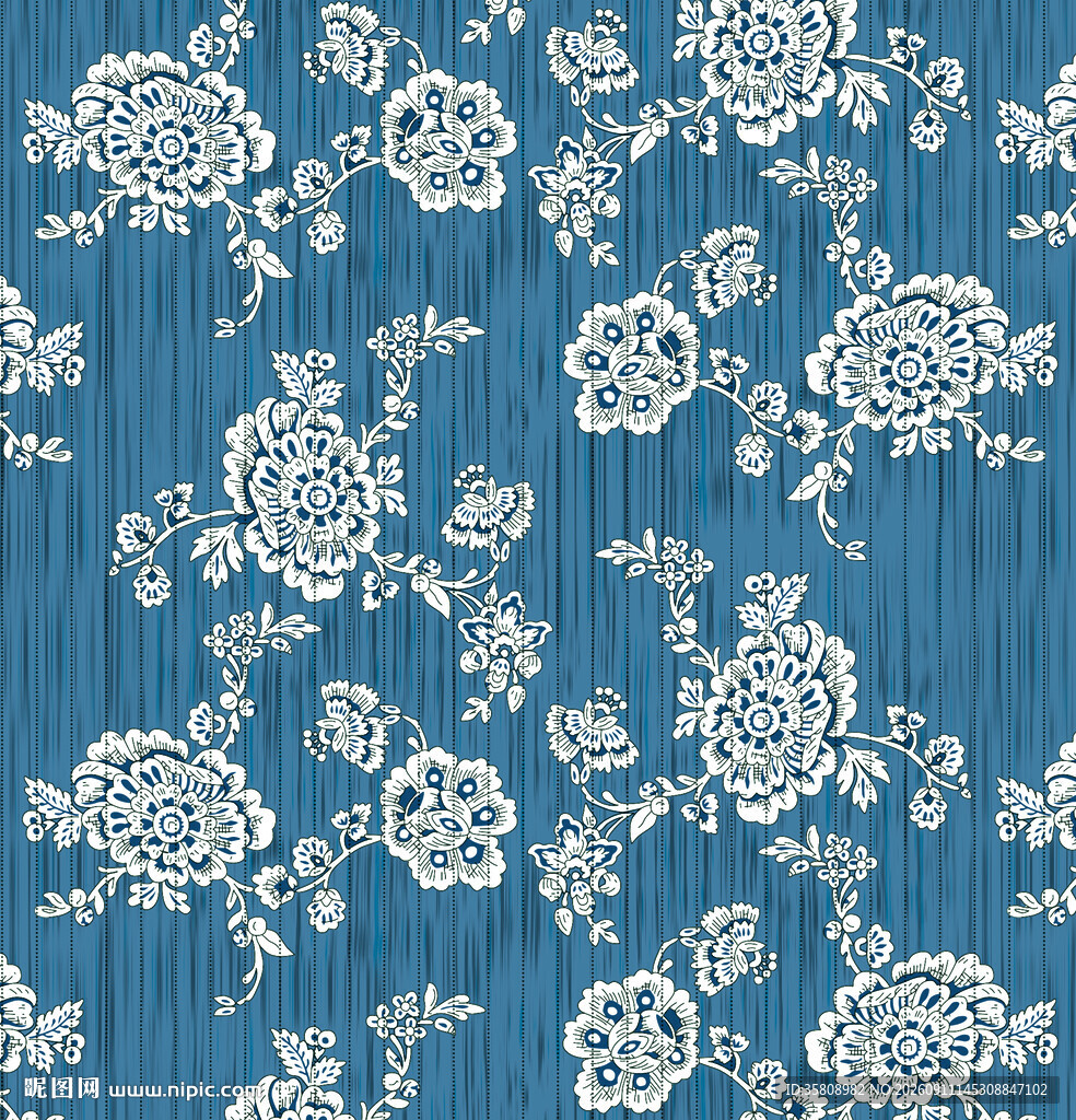 蓝底白花精致花卉图案