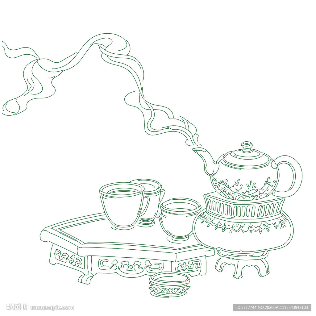 中式茶具图袅袅茶香韵煮茶线稿图