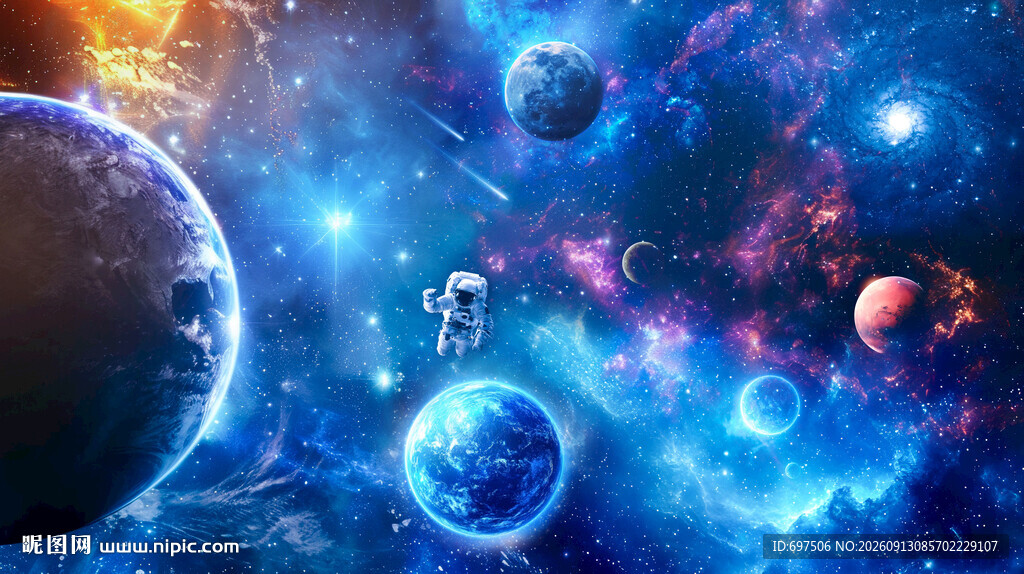 梦幻宇宙璀璨星球宇航员太空背景
