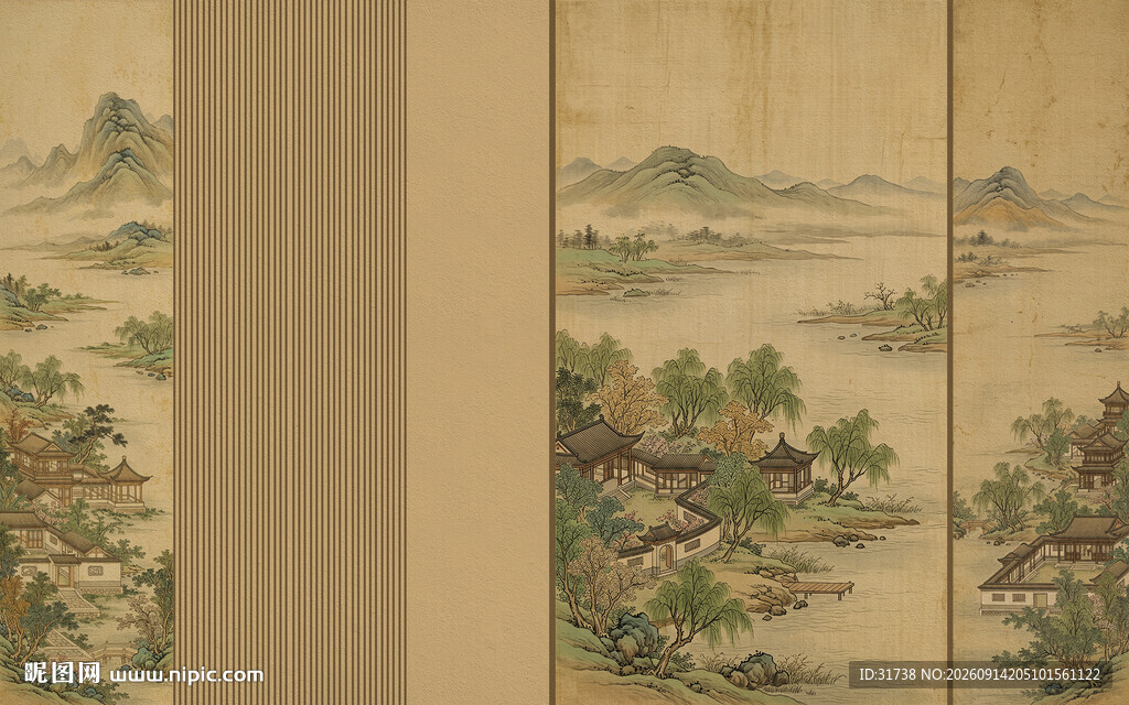 新中式古风宋式美学山水画壁画