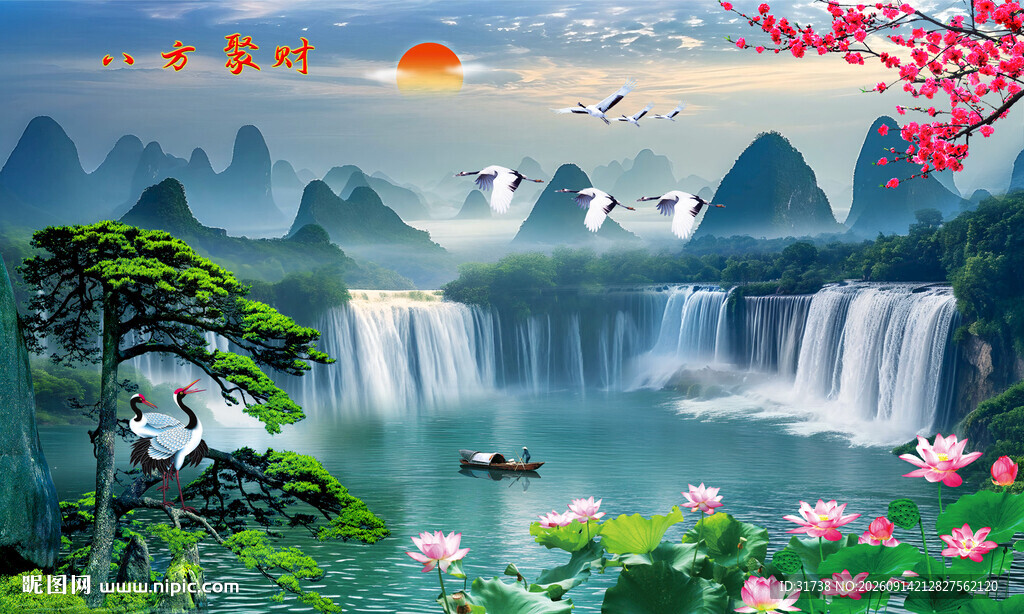 流水生财瀑布山水画