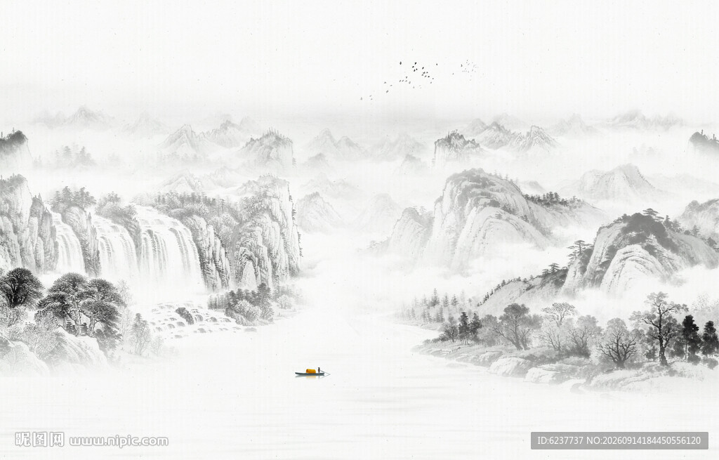 新中式意境客厅水墨山水画壁画