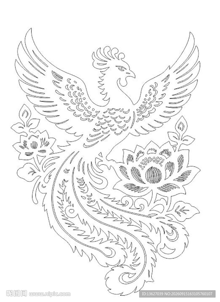 凤凰莲花精美线稿图案