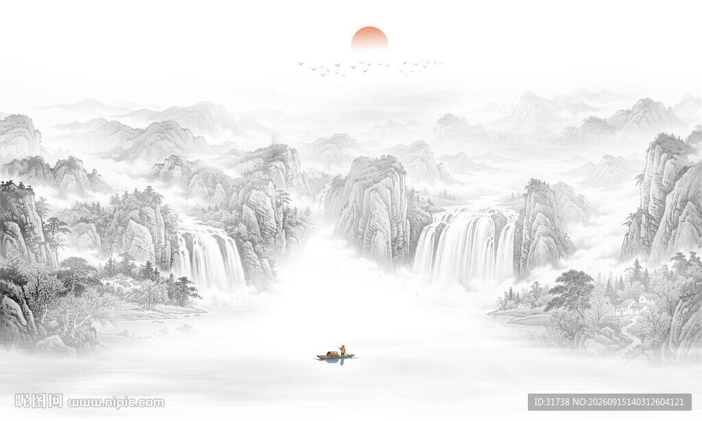 新中式水墨国画山水电视背景墙