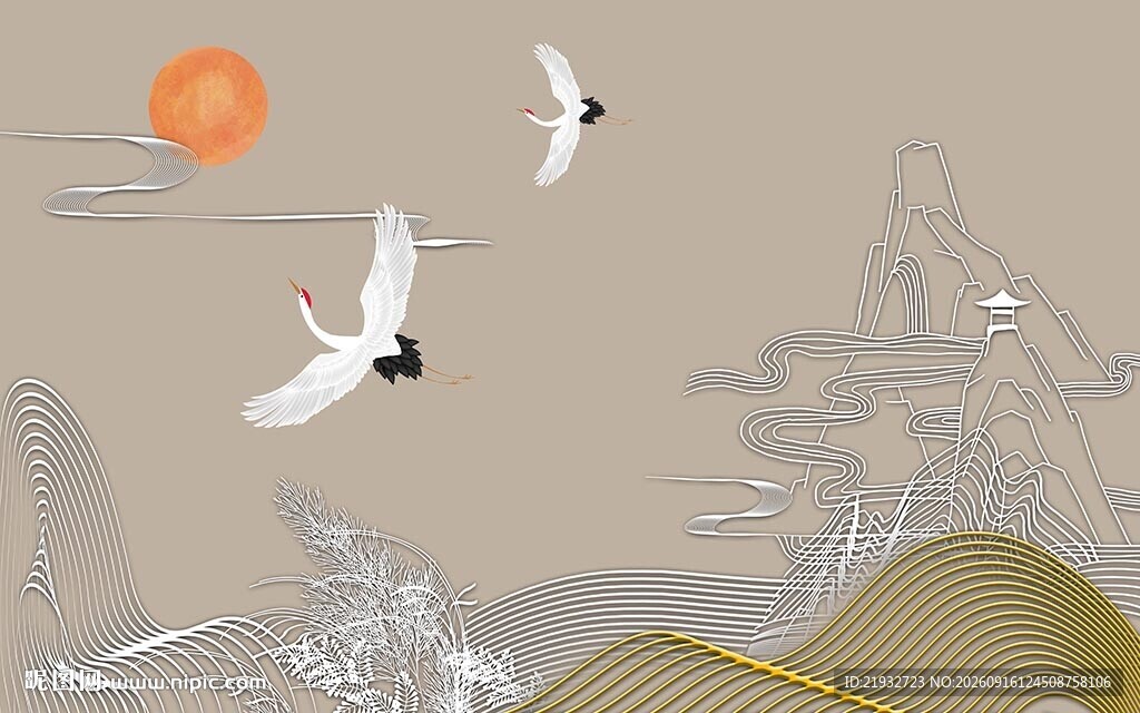 国潮线条山水画