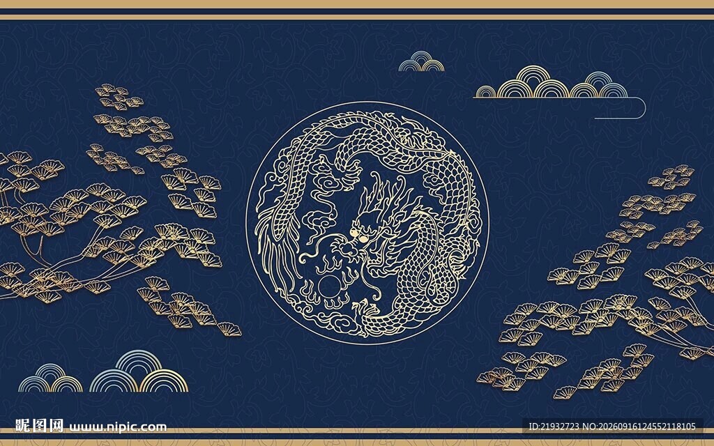 国潮风线条迎客松背景墙