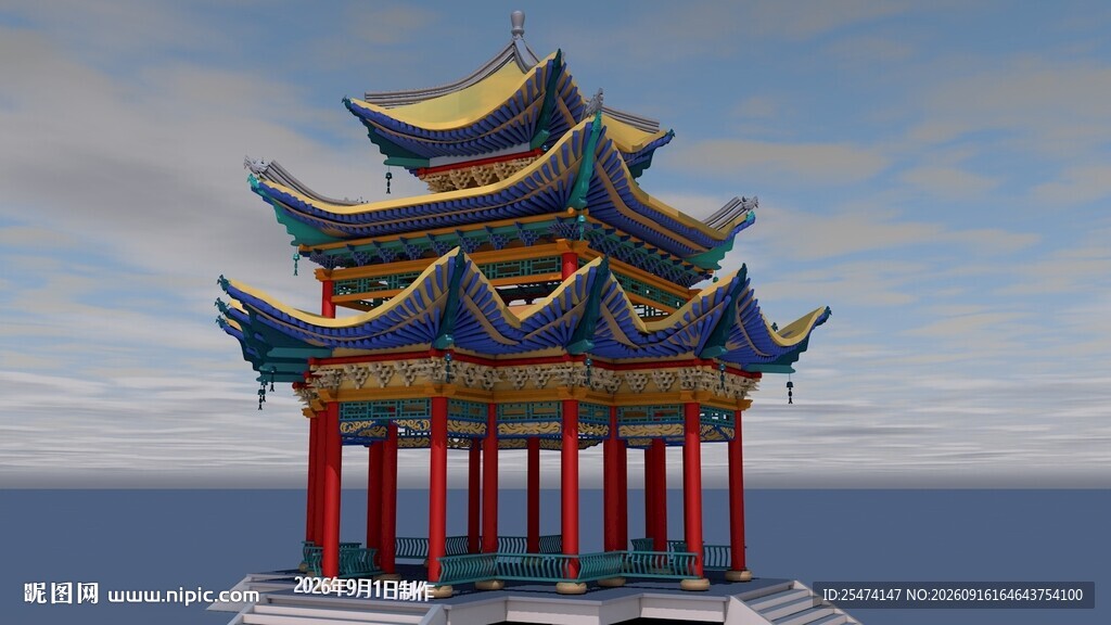 中式多层飞檐古建筑模型