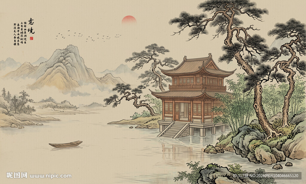新中式古风阁楼山水画背景壁画