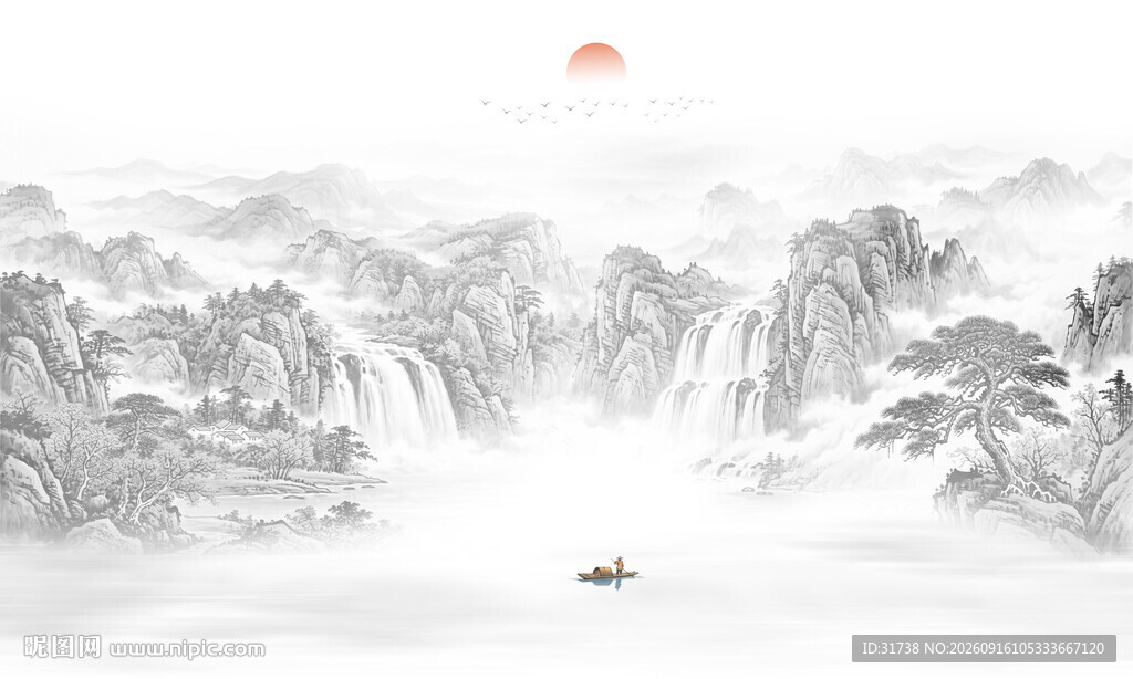 新中式水墨国画山水电视背景墙